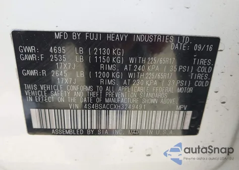 2017 Subaru Outback 2.5I Premium from USA, damaged, VIN 4S4BSACCXH3249491